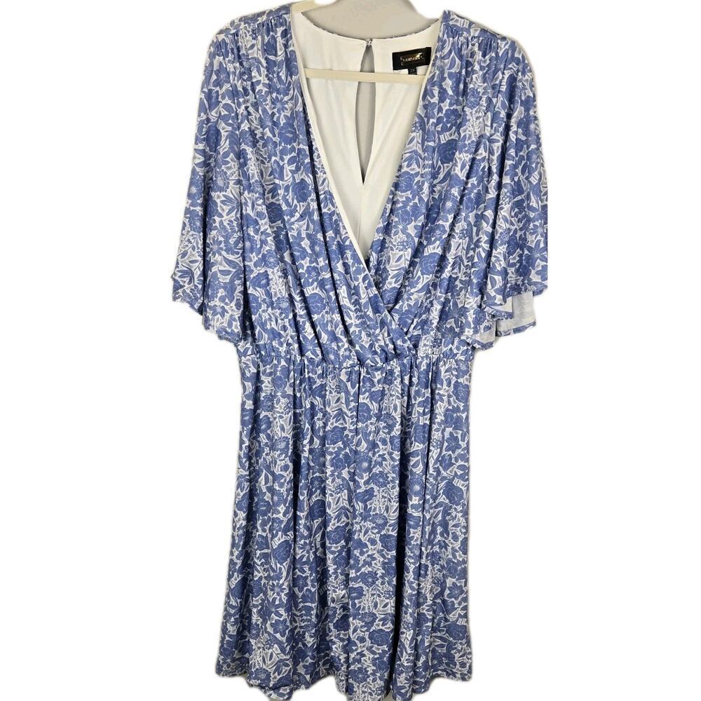 Alexia Admor Floral Peasant Cottage Dress Blue White Wrap Bodice 2X Wing Sleeves